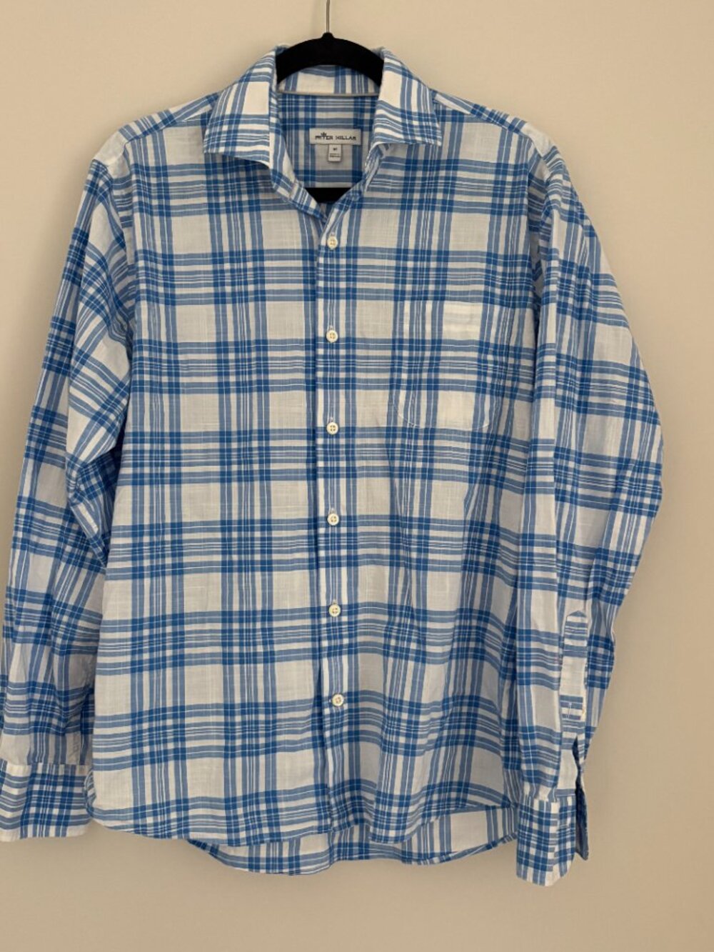 Peter Millar Crown Men's Blue & White Plaid Check Button Down Shirt Preppy M